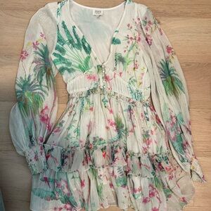 HEMANT & NANDITA White and Green Floral Dress with Ruffles